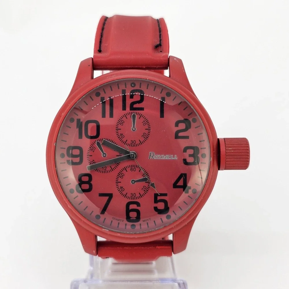 Raynell Men's Analog Watch 53MM Red Case Dial Red Plastic Bands New Battery